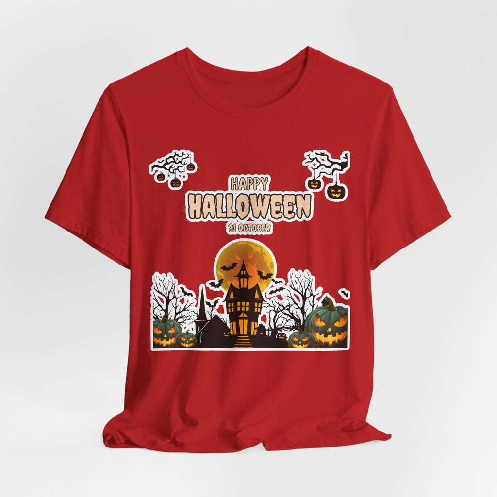 Halloween Haunted House T-Shirt — "Happy Halloween" Pumpkin Spooky Tee