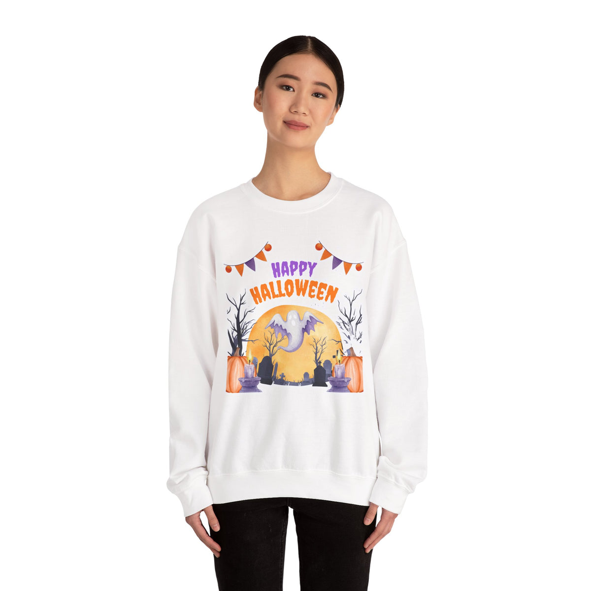 Happy Halloween Crewneck Sweatshirt — Cute Ghost Pumpkin Halloween Sweater