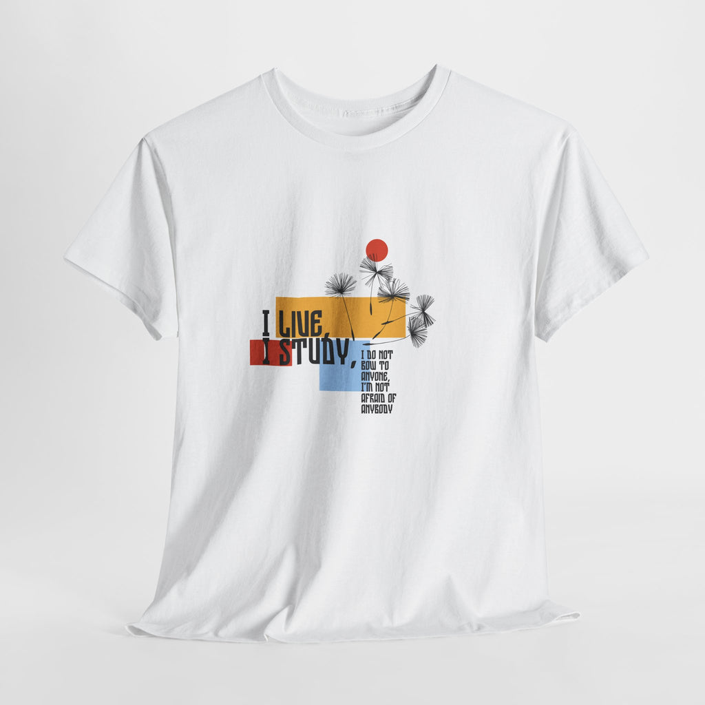 T-Shirt — I Live, I Study Graphic Tee (Minimalist Floral Collage)