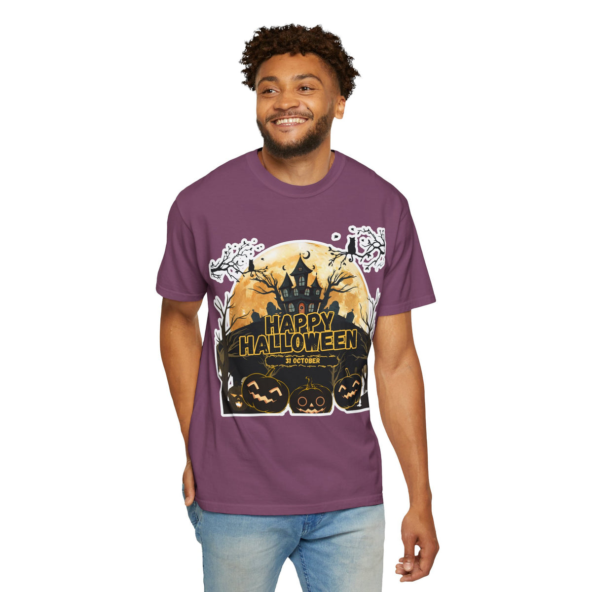 Halloween Haunted House T-Shirt — "Happy Halloween" Pumpkin Graphic Tee