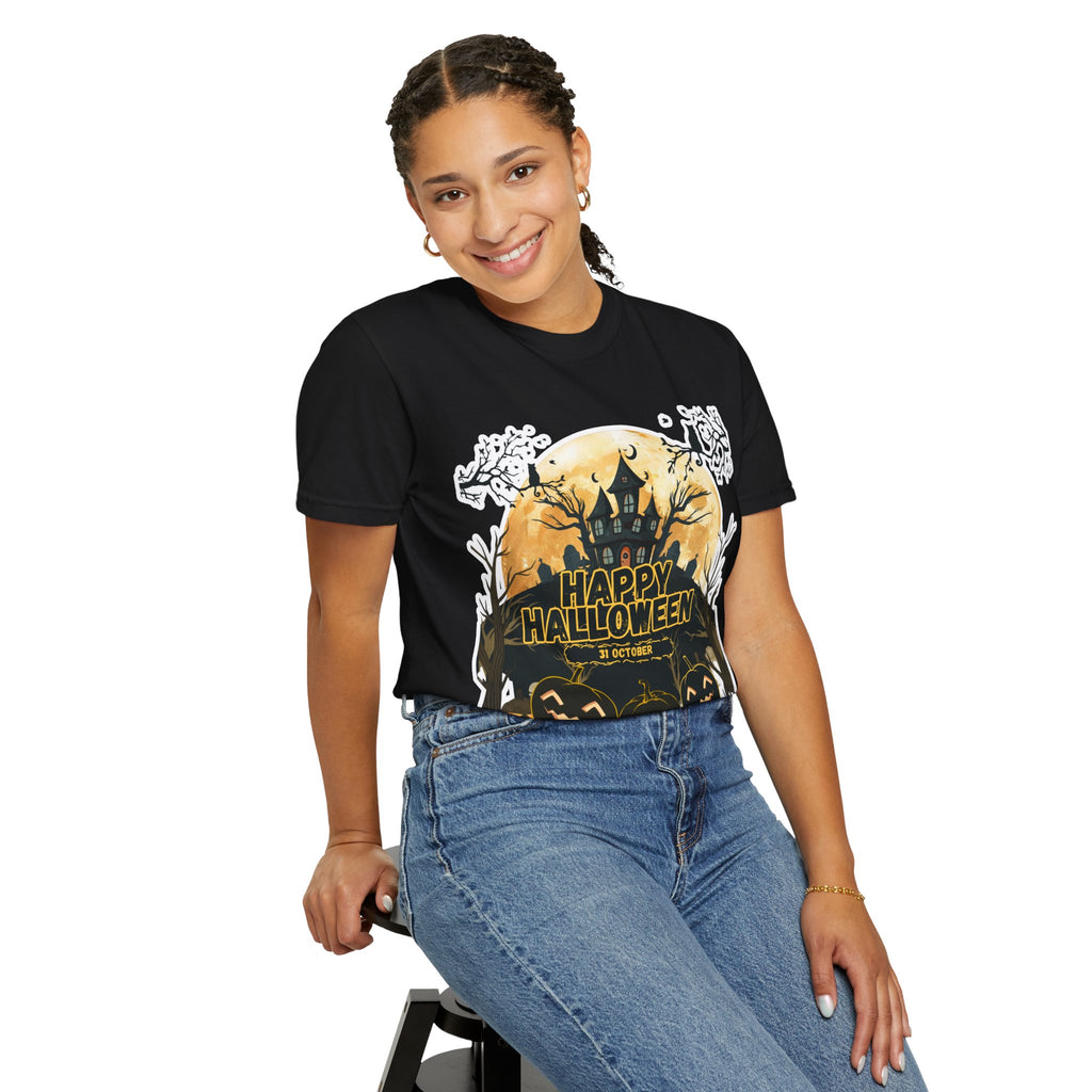 Halloween Haunted House T-Shirt — "Happy Halloween" Pumpkin Graphic Tee