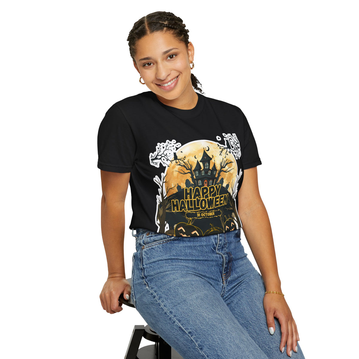 Halloween Haunted House T-Shirt — "Happy Halloween" Pumpkin Graphic Tee