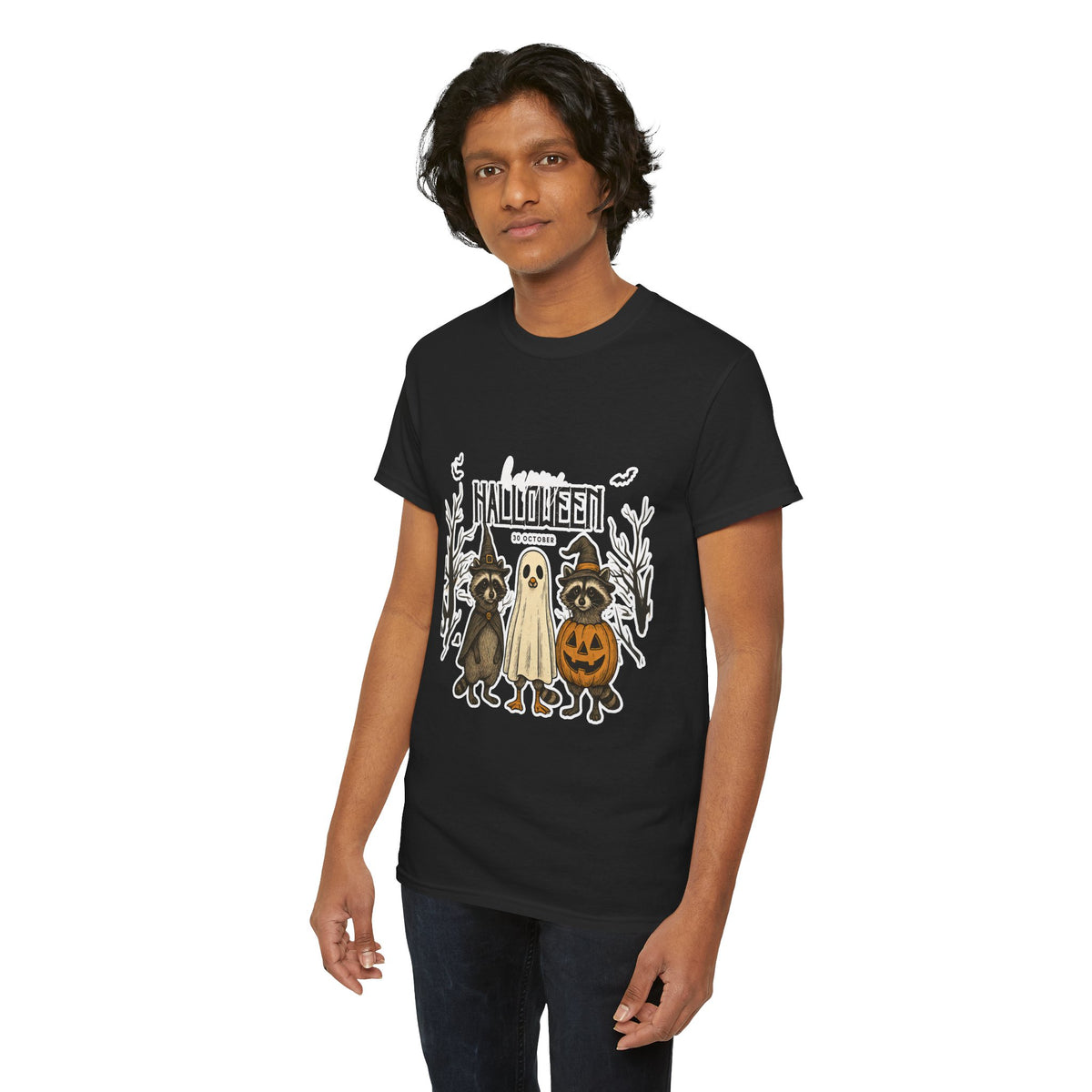 Halloween Raccoon Ghost Pumpkin T‑Shirt — Cute Spooky Costume Trio Tee