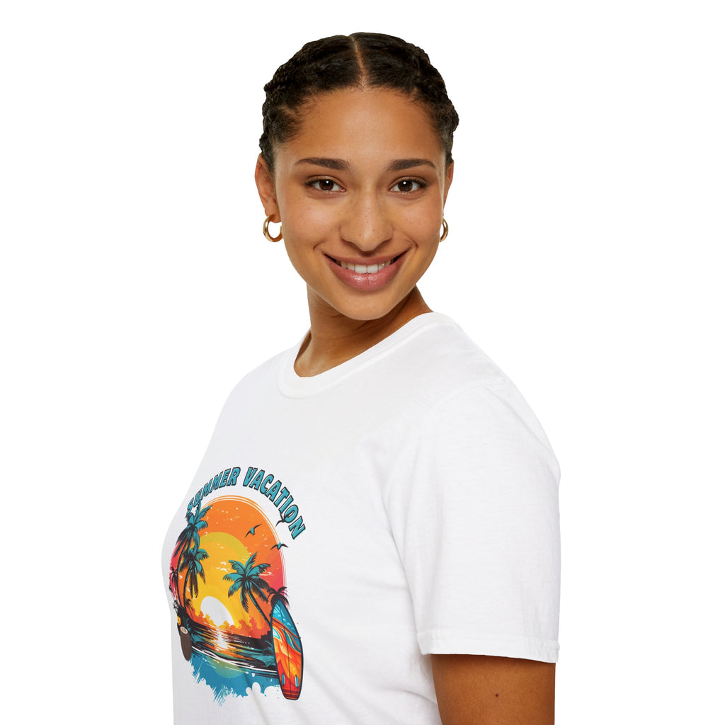 Summer Vacation T-Shirt – Tropical Sunset Surf Graphic