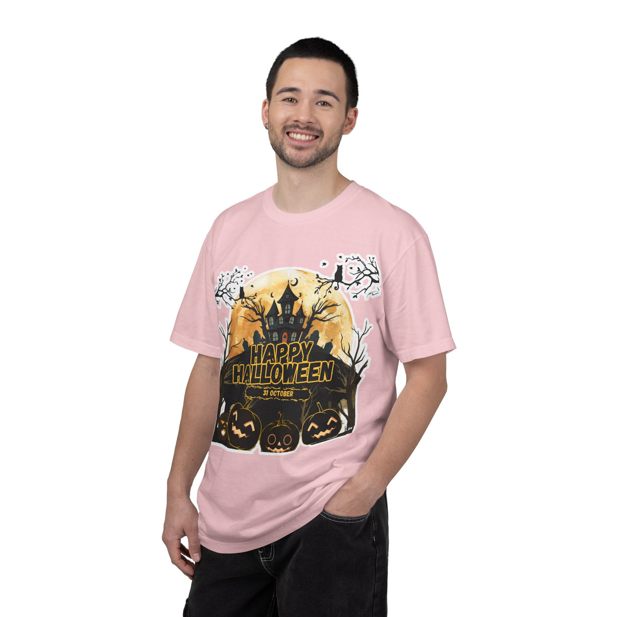 Halloween Haunted House T-Shirt — "Happy Halloween" Pumpkin Graphic Tee