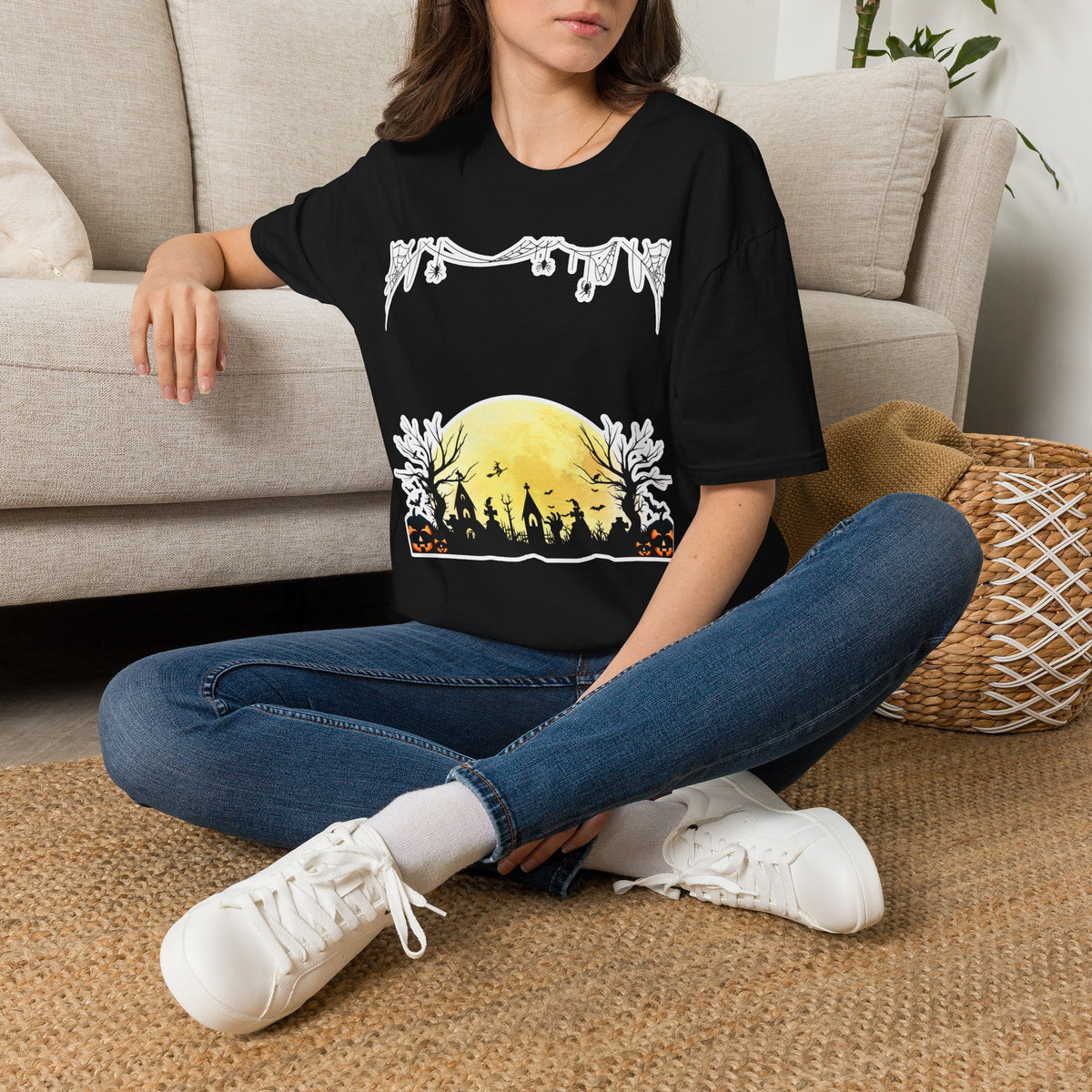 Halloween Moon Silhouette T-Shirt — Spooky Graveyard Pumpkin Scene