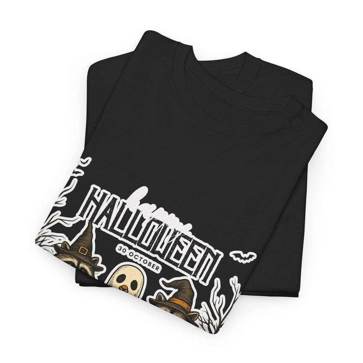 Halloween Raccoon Ghost Pumpkin T‑Shirt — Cute Spooky Costume Trio Tee
