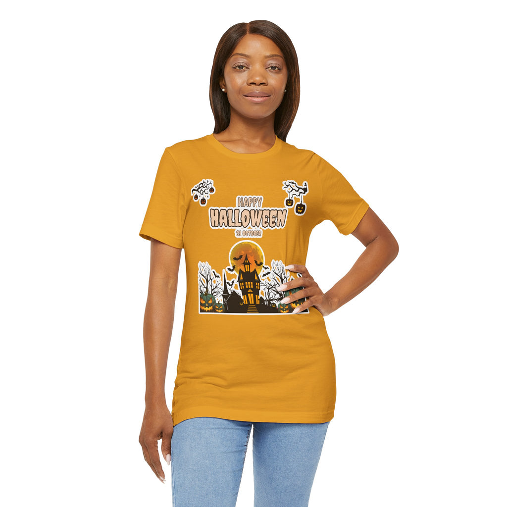 Halloween Haunted House T-Shirt — "Happy Halloween" Pumpkin Spooky Tee