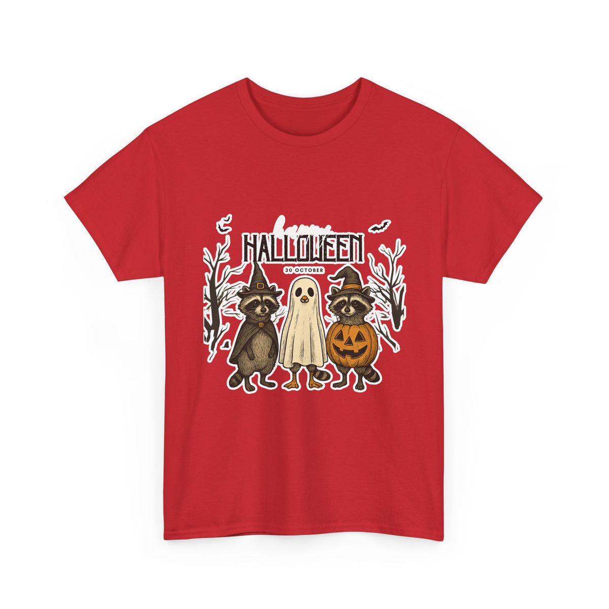 Halloween Raccoon Ghost Pumpkin T‑Shirt — Cute Spooky Costume Trio Tee