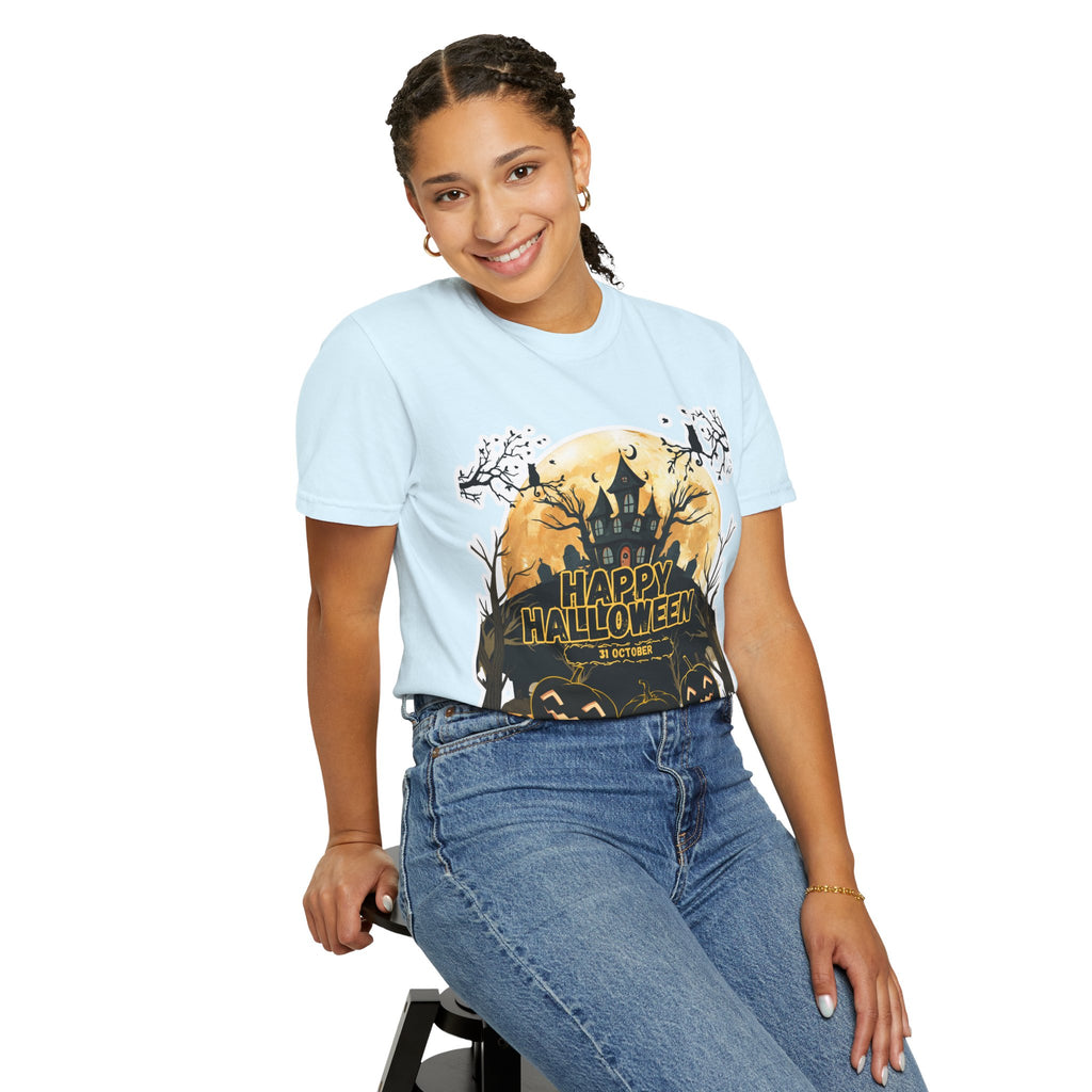 Halloween Haunted House T-Shirt — "Happy Halloween" Pumpkin Graphic Tee