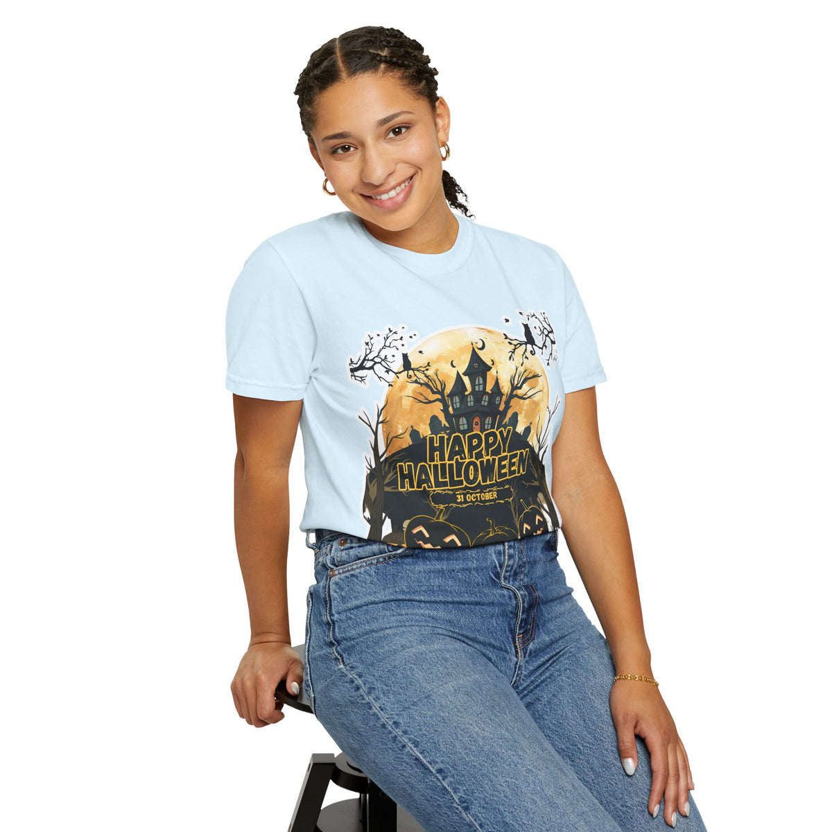 Halloween Haunted House T-Shirt — "Happy Halloween" Pumpkin Graphic Tee
