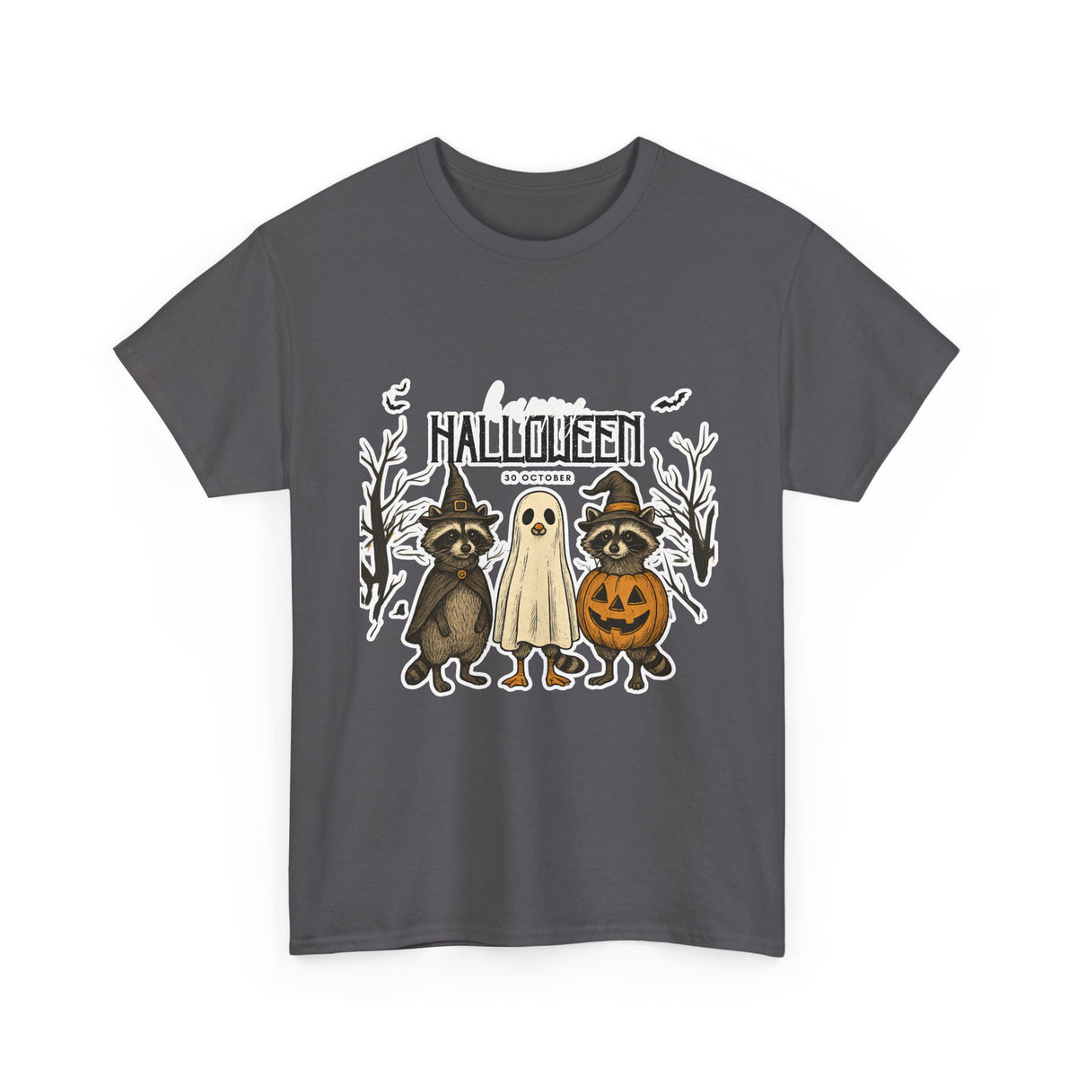 Halloween Raccoon Ghost Pumpkin T‑Shirt — Cute Spooky Costume Trio Tee