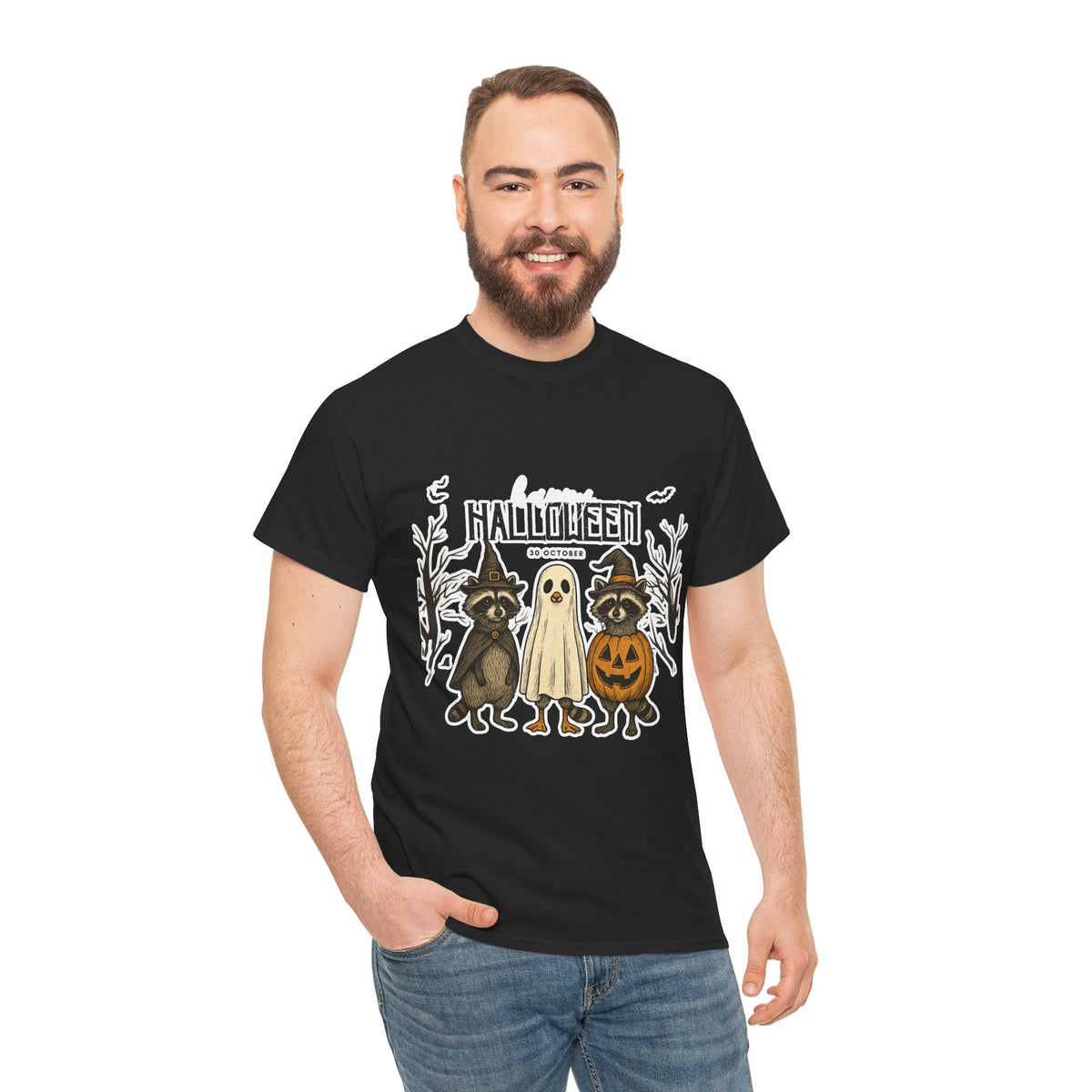 Halloween Raccoon Ghost Pumpkin T‑Shirt — Cute Spooky Costume Trio Tee