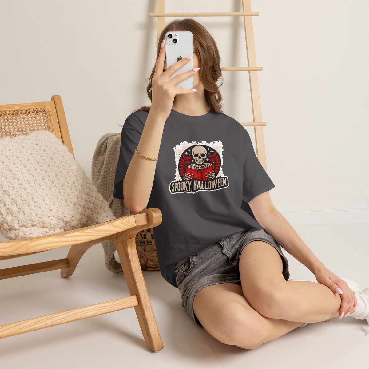 Spooky Halloween Skull Tee — Vintage Skeleton Reading Book Halloween T-Shirt
