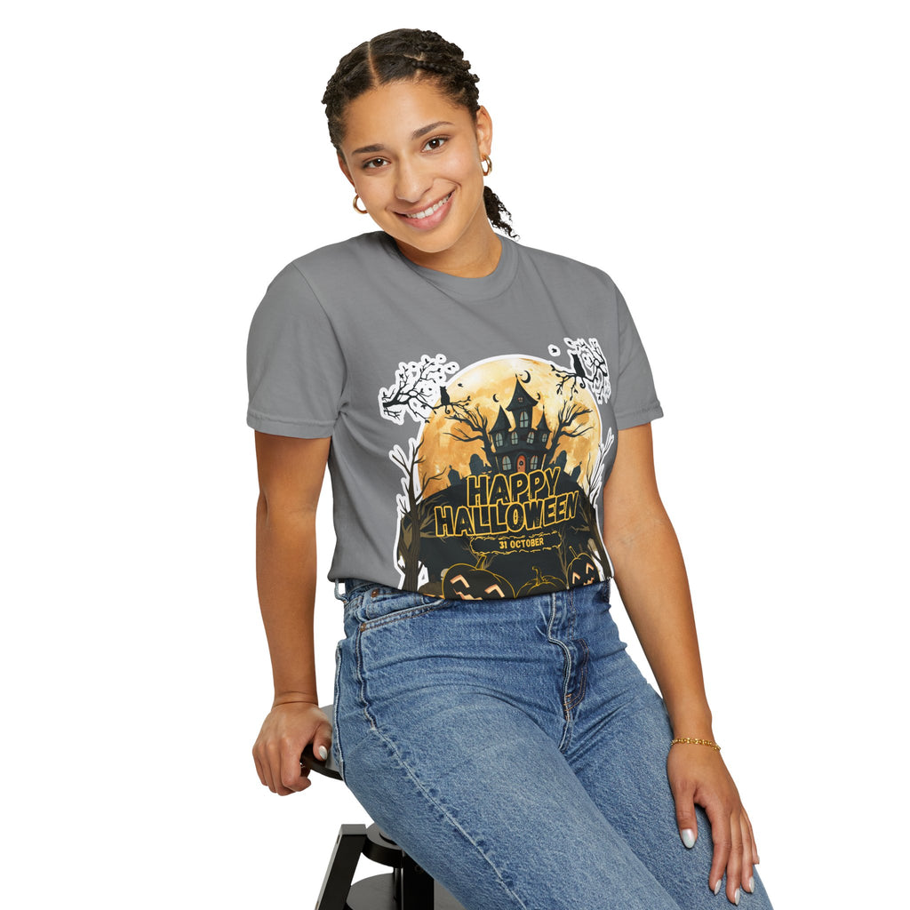 Halloween Haunted House T-Shirt — "Happy Halloween" Pumpkin Graphic Tee