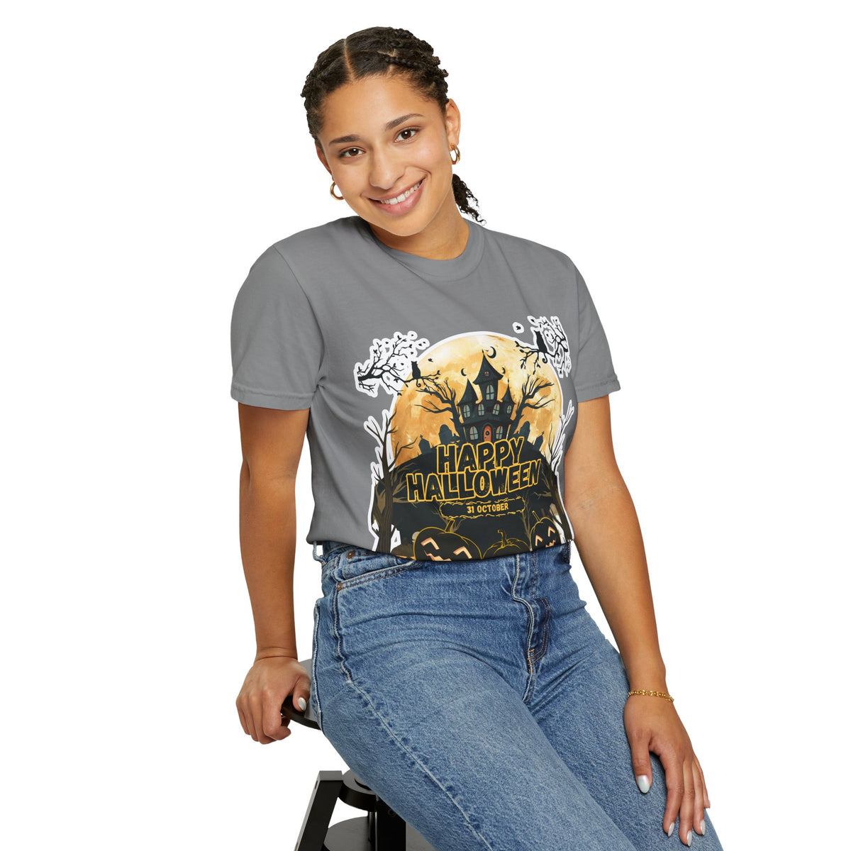 Halloween Haunted House T-Shirt — "Happy Halloween" Pumpkin Graphic Tee