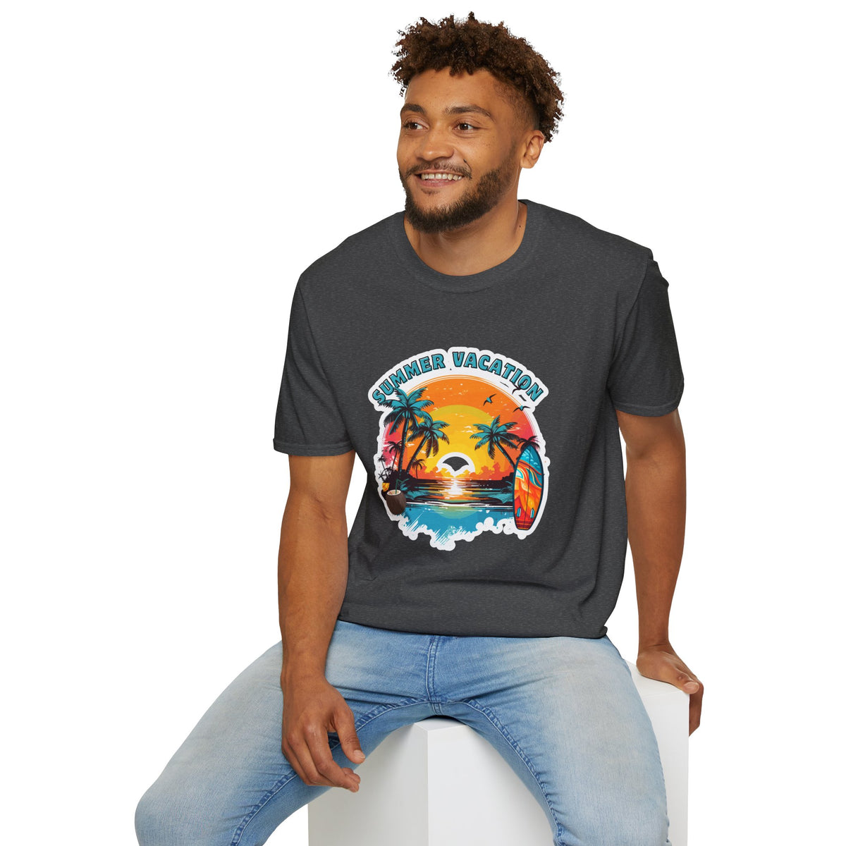 Summer Vacation T-Shirt – Tropical Sunset Surf Graphic