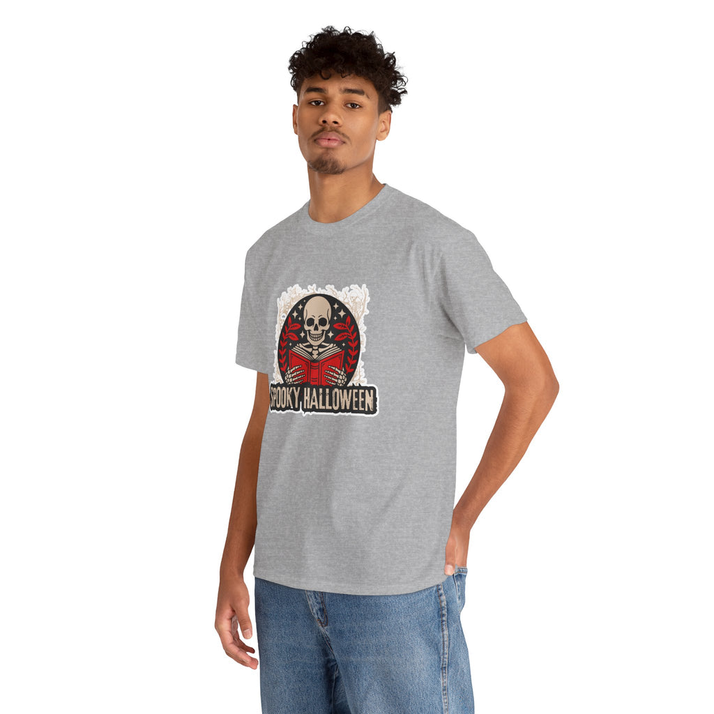 Spooky Halloween Skull Tee — Vintage Skeleton Reading Book Halloween T-Shirt