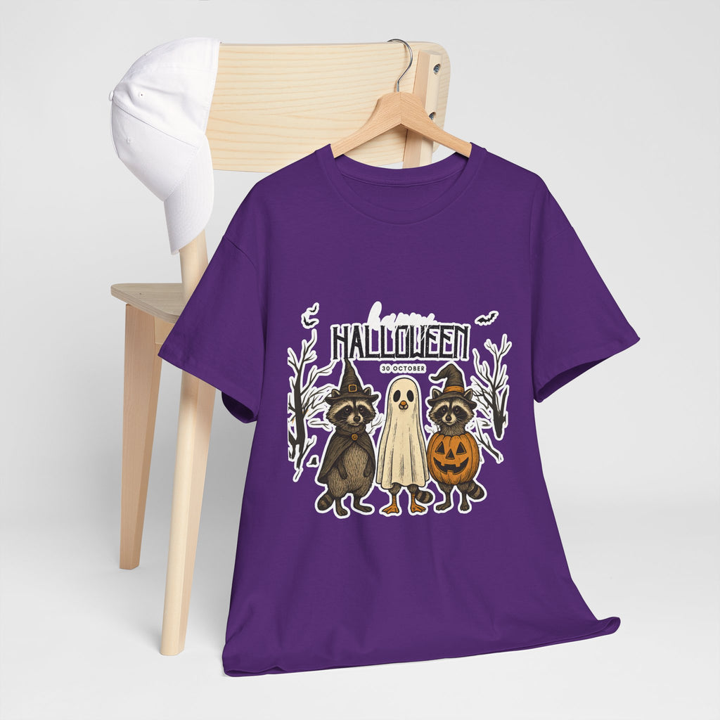 Halloween Raccoon Ghost Pumpkin T‑Shirt — Cute Spooky Costume Trio Tee