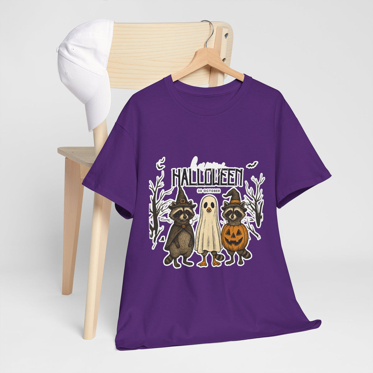Halloween Raccoon Ghost Pumpkin T‑Shirt — Cute Spooky Costume Trio Tee