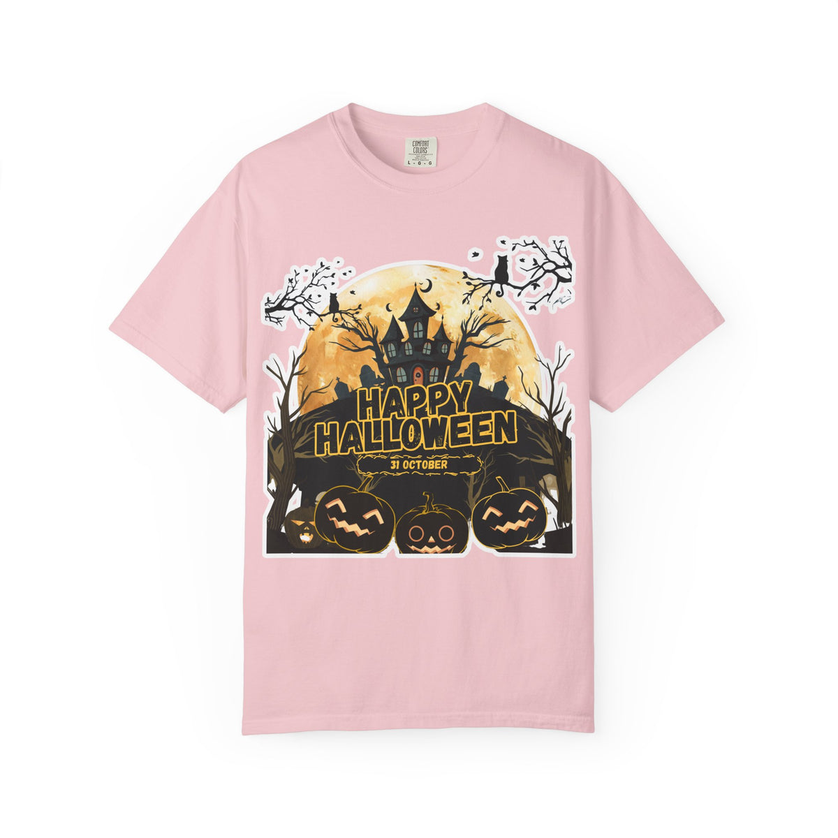 Halloween Haunted House T-Shirt — "Happy Halloween" Pumpkin Graphic Tee