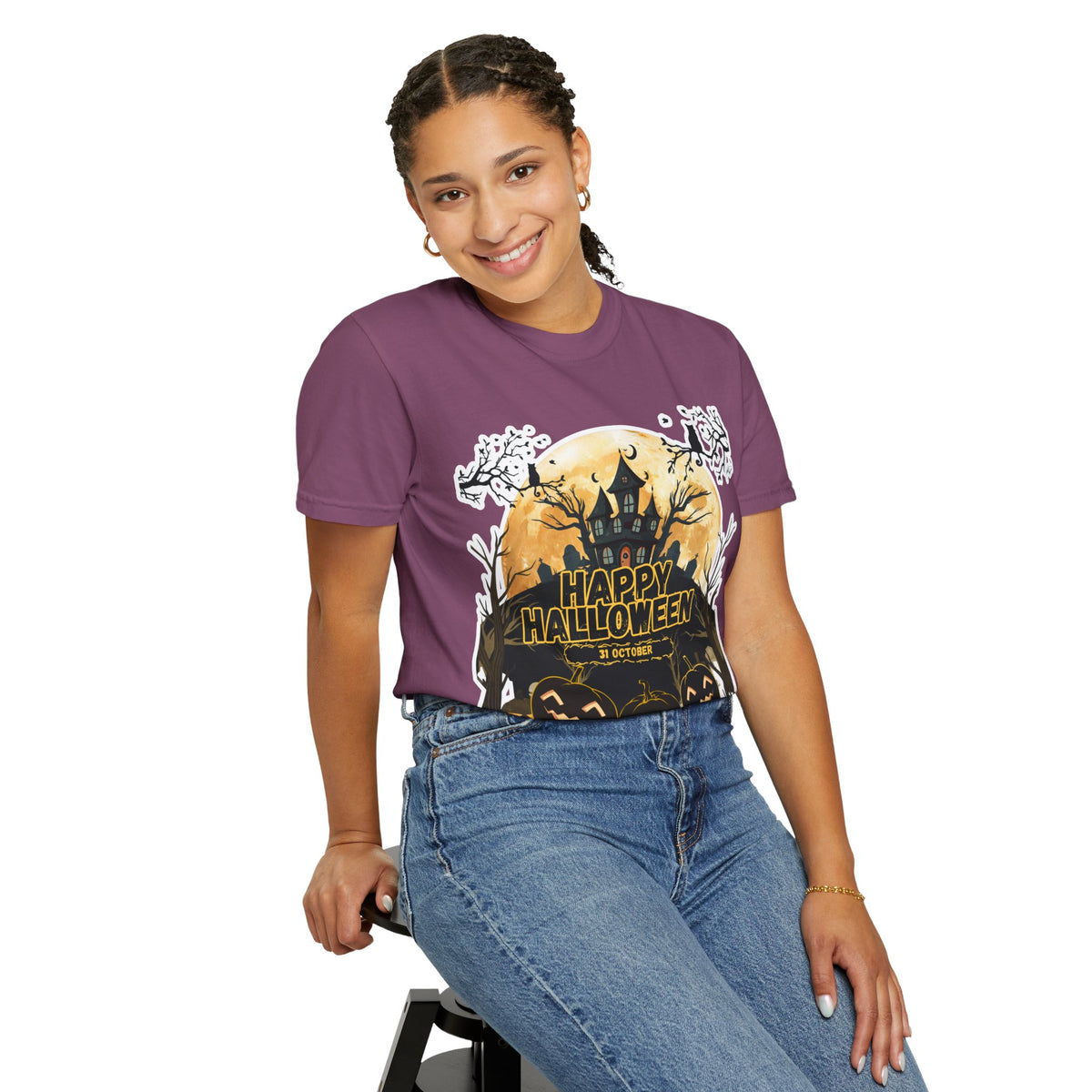 Halloween Haunted House T-Shirt — "Happy Halloween" Pumpkin Graphic Tee