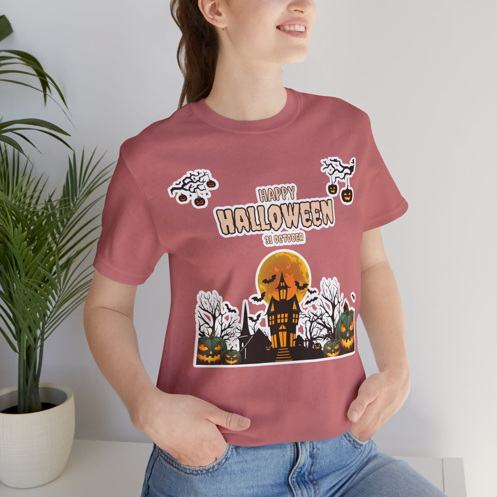 Halloween Haunted House T-Shirt — "Happy Halloween" Pumpkin Spooky Tee