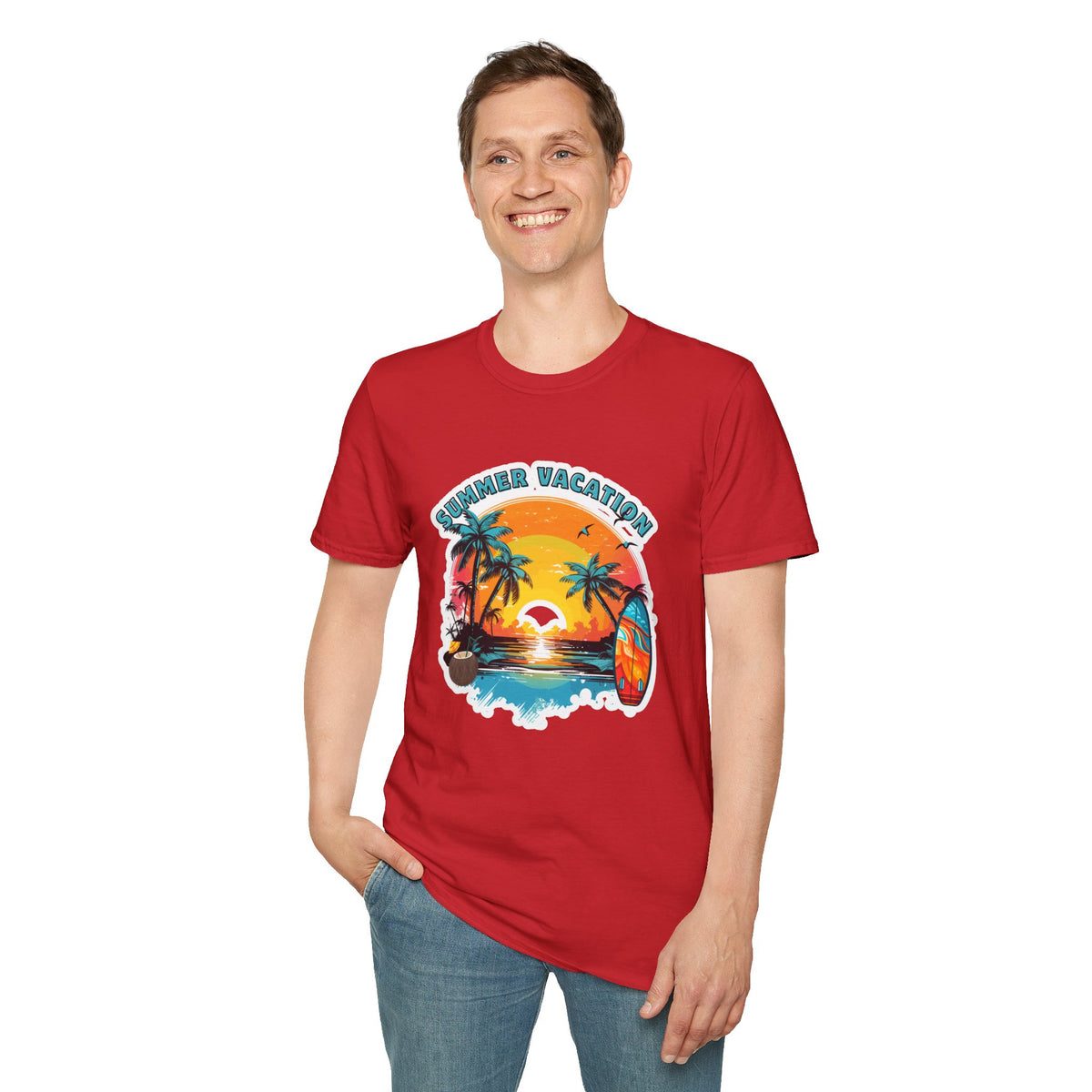 Summer Vacation T-Shirt – Tropical Sunset Surf Graphic