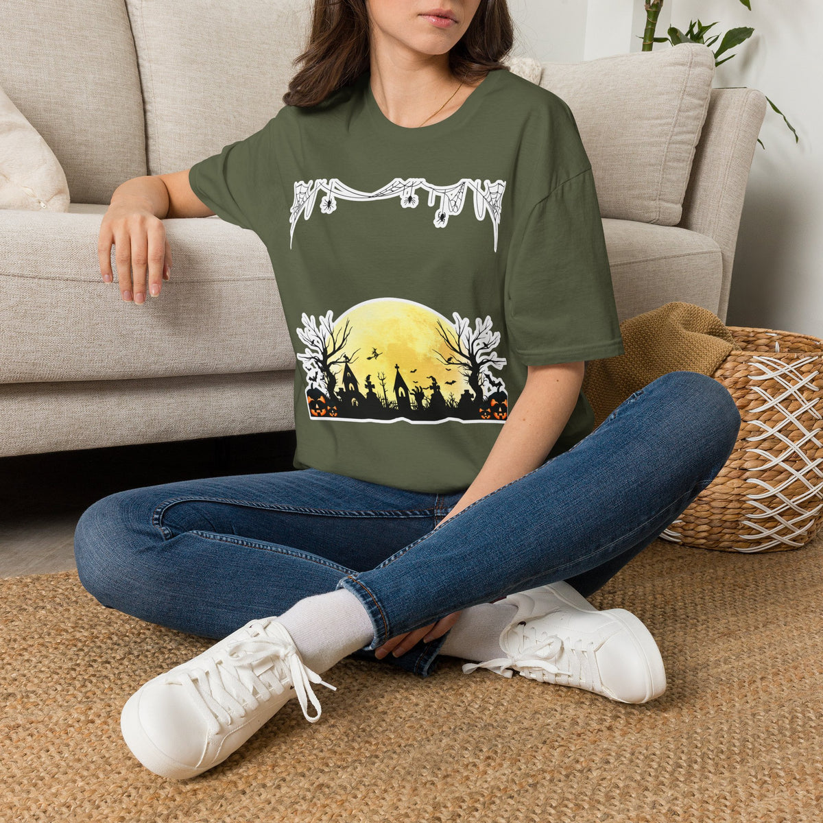 Halloween Moon Silhouette T-Shirt — Spooky Graveyard Pumpkin Scene