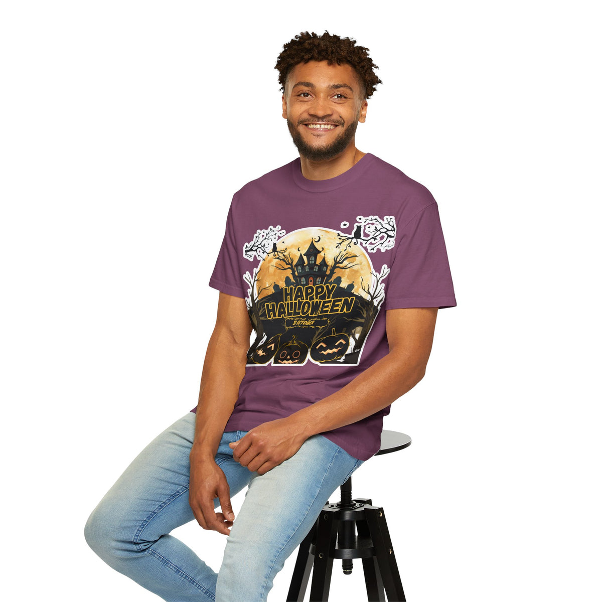 Halloween Haunted House T-Shirt — "Happy Halloween" Pumpkin Graphic Tee