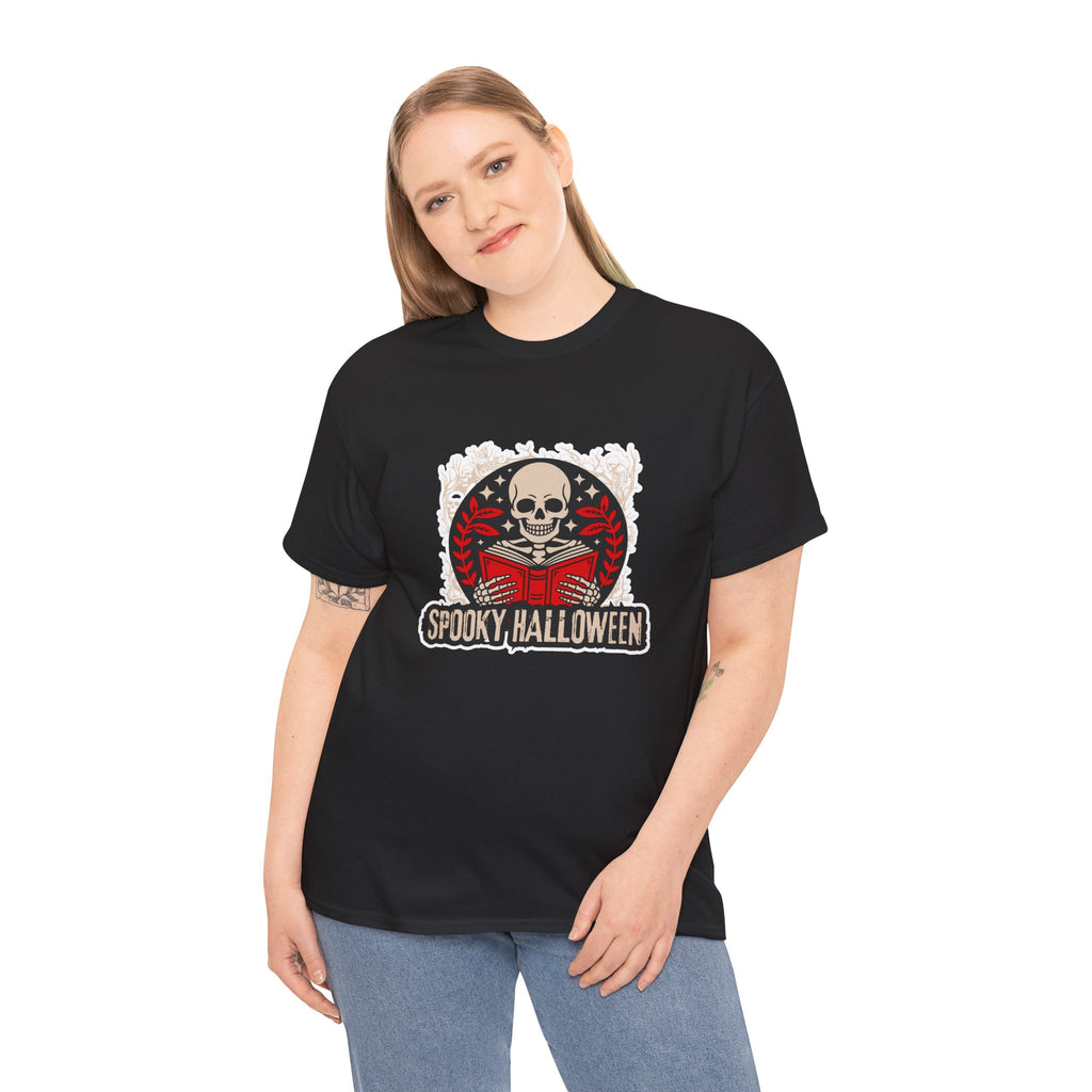 Spooky Halloween Skull Tee — Vintage Skeleton Reading Book Halloween T-Shirt