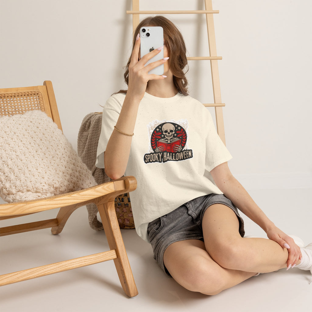 Spooky Halloween Skull Tee — Vintage Skeleton Reading Book Halloween T-Shirt