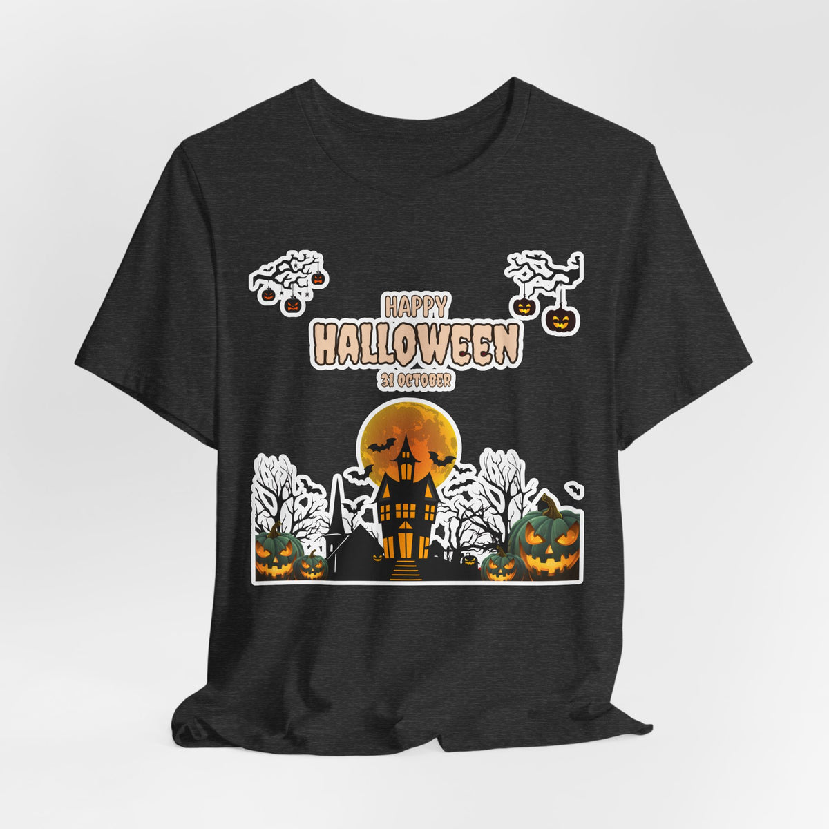 Halloween Haunted House T-Shirt — "Happy Halloween" Pumpkin Spooky Tee