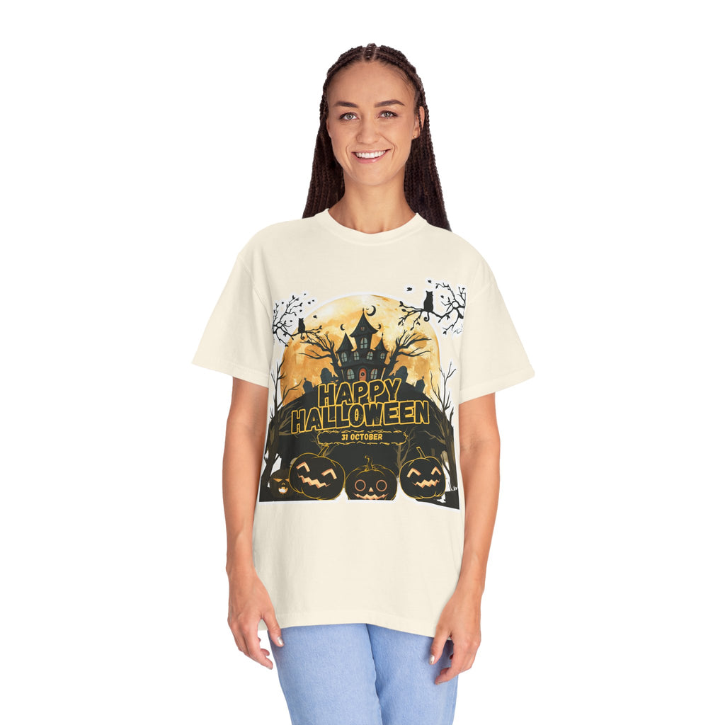 Halloween Haunted House T-Shirt — "Happy Halloween" Pumpkin Graphic Tee