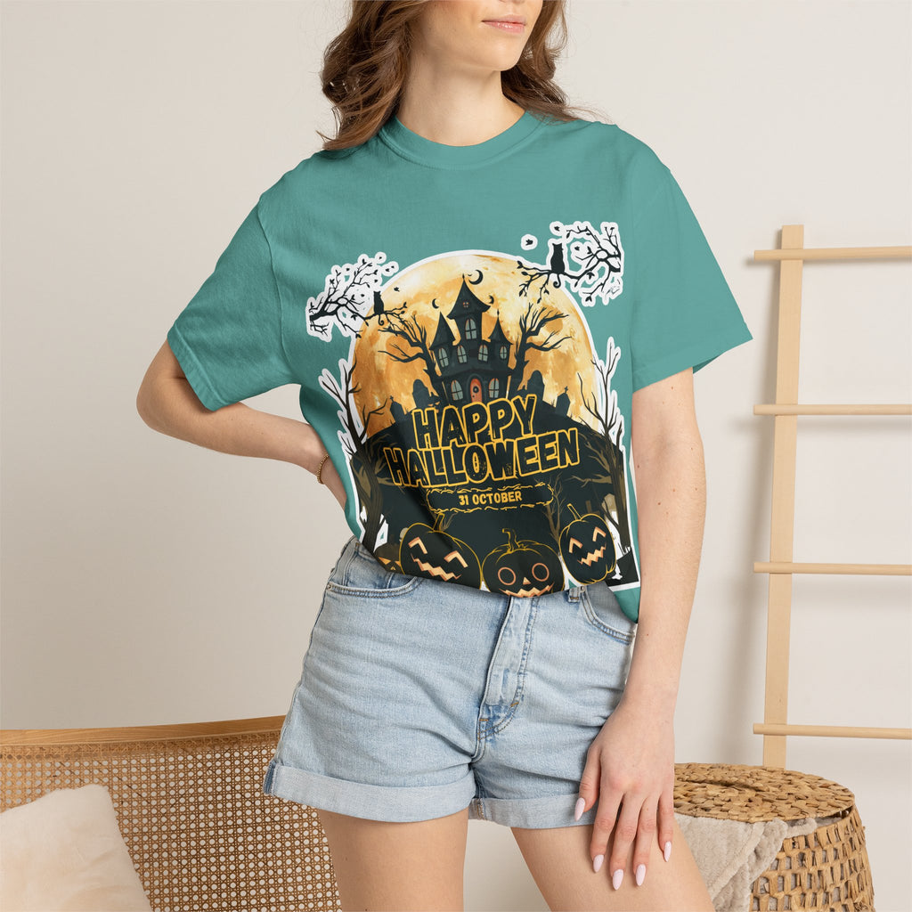 Halloween Haunted House T-Shirt — "Happy Halloween" Pumpkin Graphic Tee