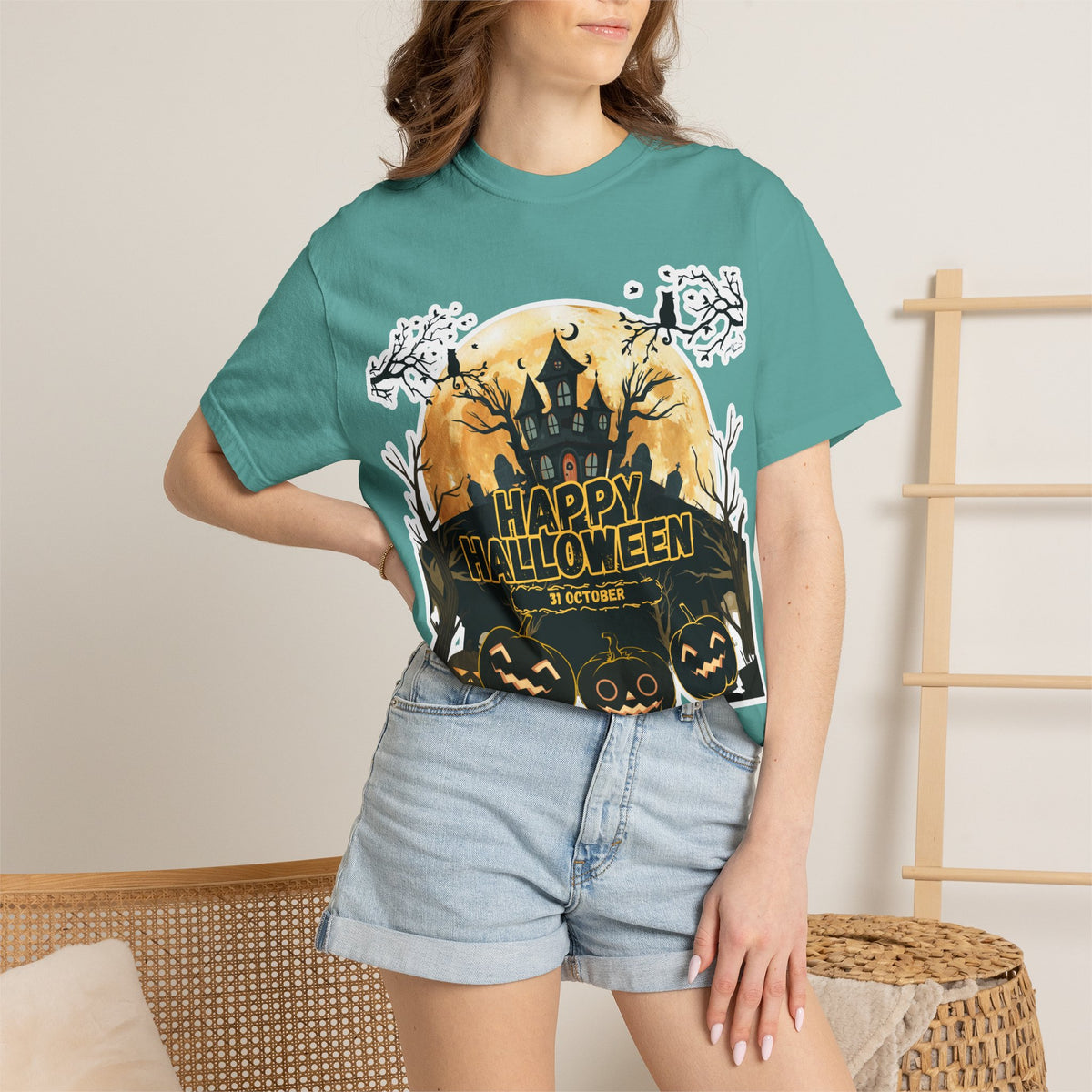 Halloween Haunted House T-Shirt — "Happy Halloween" Pumpkin Graphic Tee