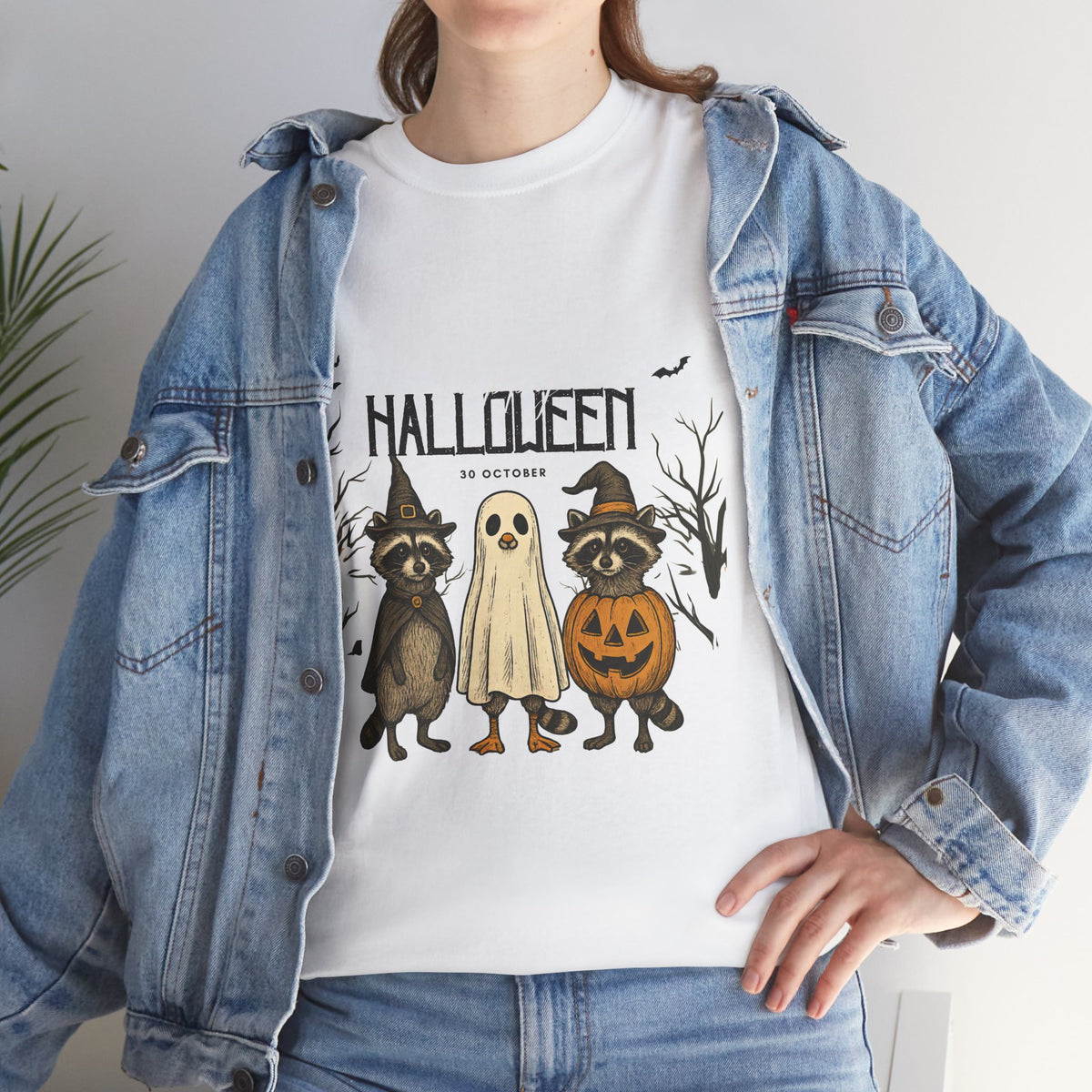 Halloween Raccoon Ghost Pumpkin T‑Shirt — Cute Spooky Costume Trio Tee