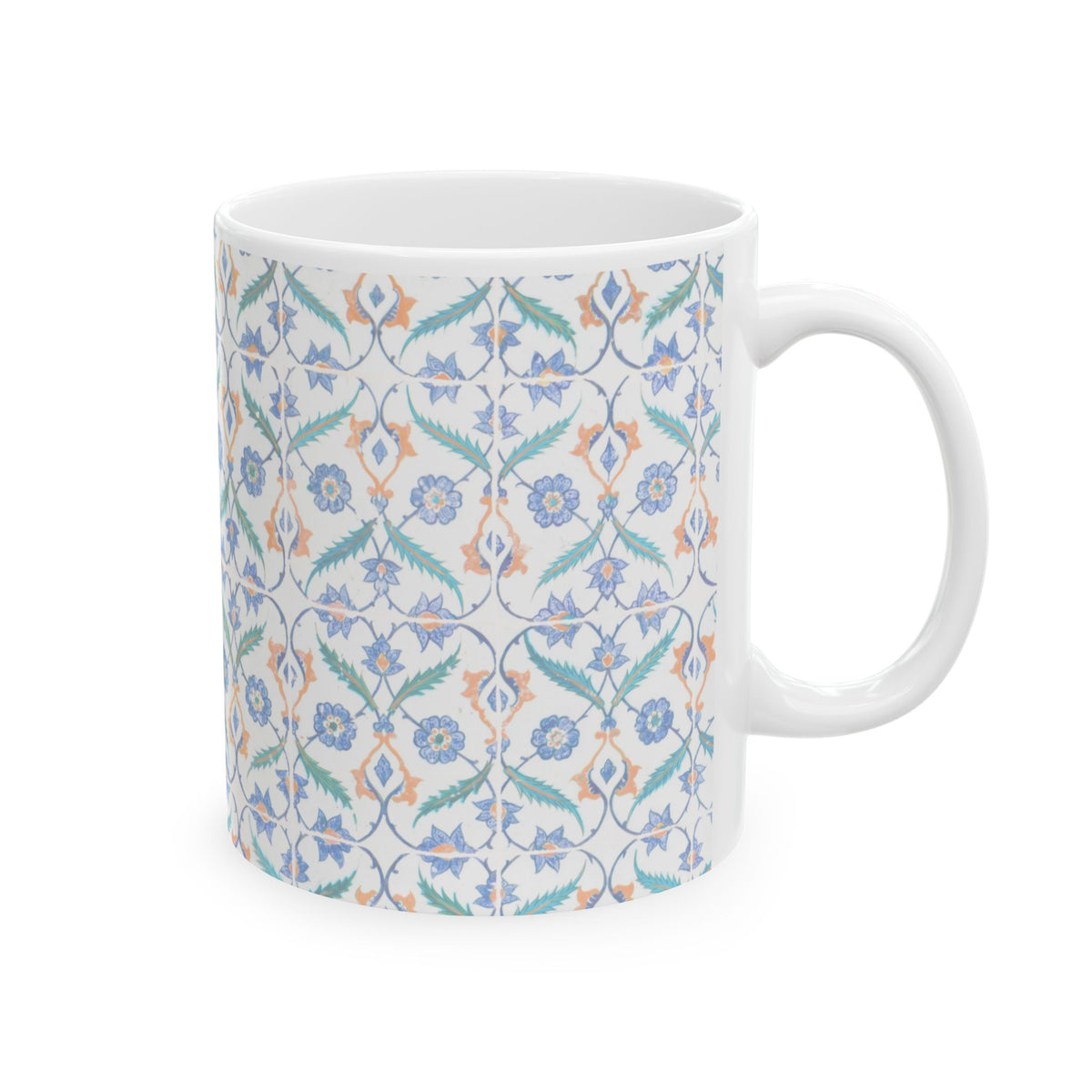 Floral Tile Pattern Ceramic Mug – Blue & Orange Decorative Coffee Cup (11oz/15oz)