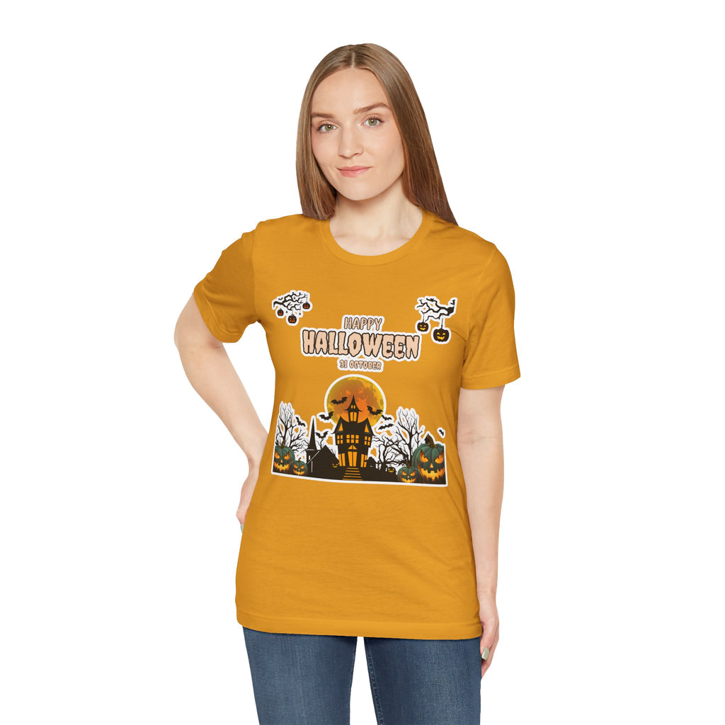 Halloween Haunted House T-Shirt — "Happy Halloween" Pumpkin Spooky Tee