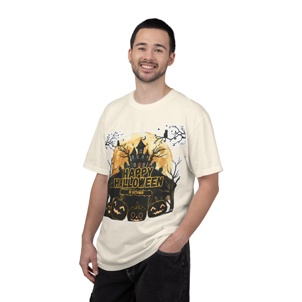 Halloween Haunted House T-Shirt — "Happy Halloween" Pumpkin Graphic Tee