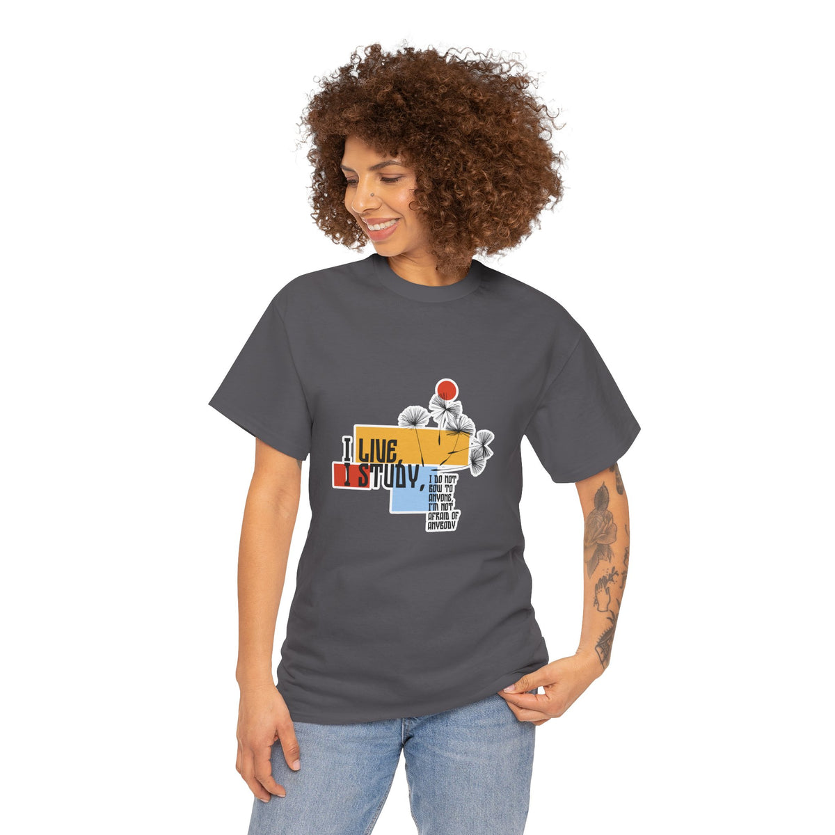 T-Shirt — I Live, I Study Graphic Tee (Minimalist Floral Collage)
