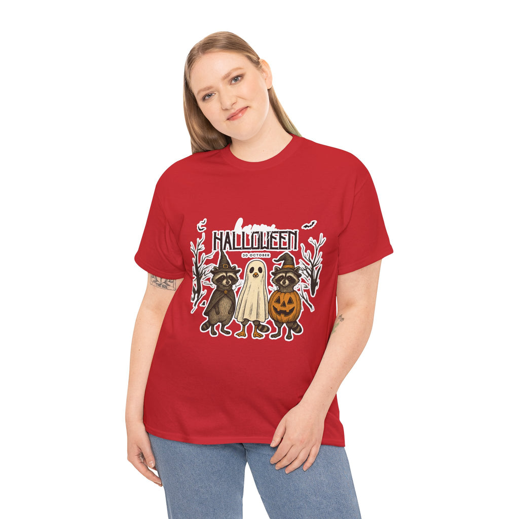 Halloween Raccoon Ghost Pumpkin T‑Shirt — Cute Spooky Costume Trio Tee