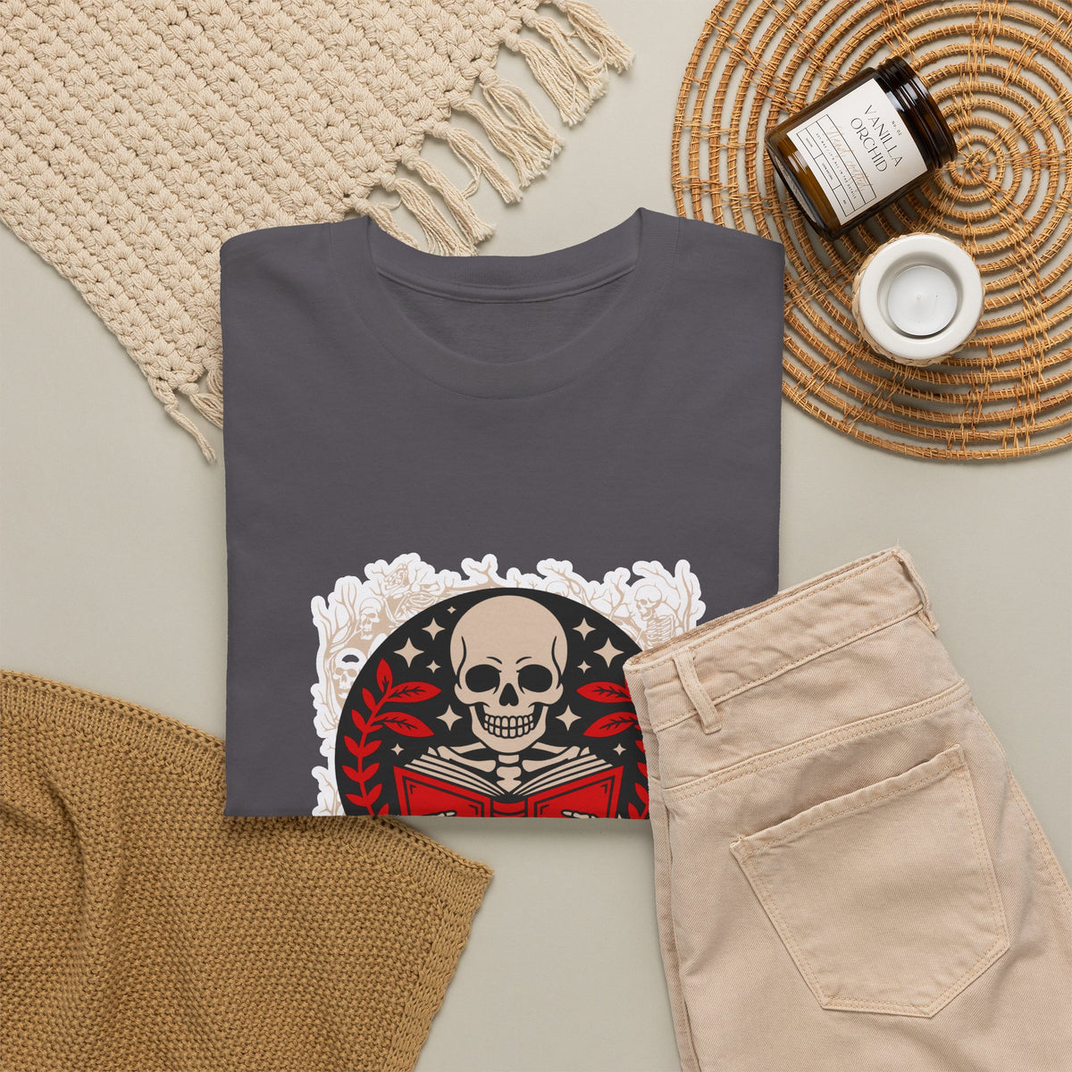Spooky Halloween Skull Tee — Vintage Skeleton Reading Book Halloween T-Shirt