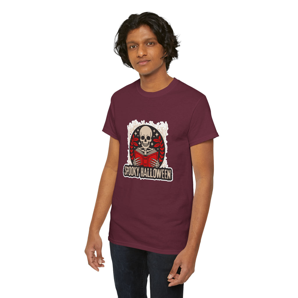 Spooky Halloween Skull Tee — Vintage Skeleton Reading Book Halloween T-Shirt