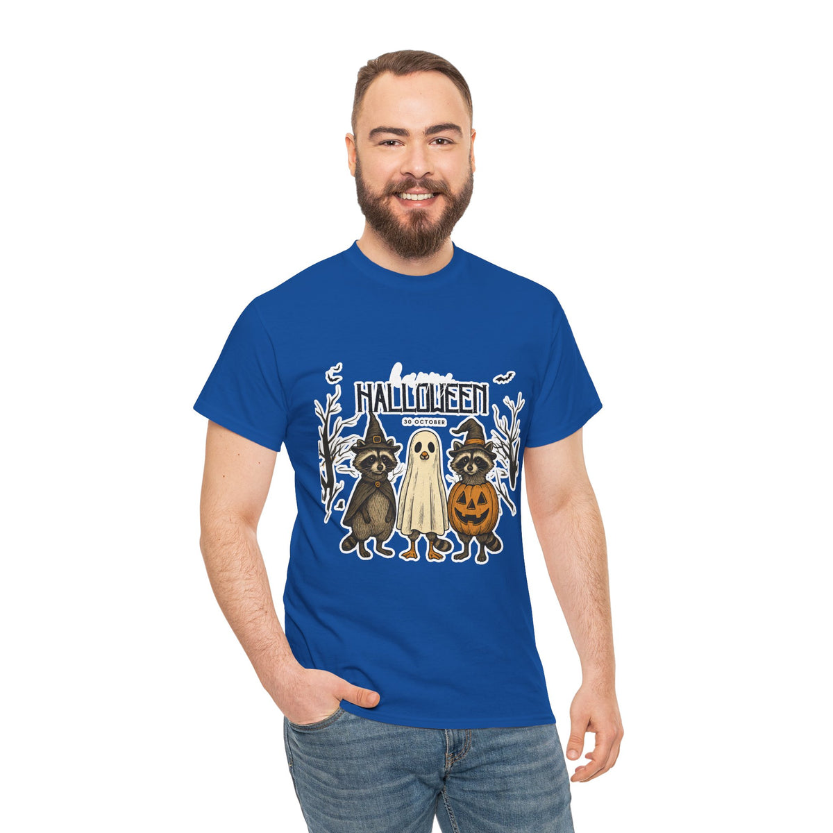 Halloween Raccoon Ghost Pumpkin T‑Shirt — Cute Spooky Costume Trio Tee