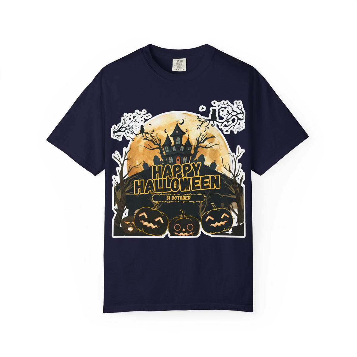 Halloween Haunted House T-Shirt — "Happy Halloween" Pumpkin Graphic Tee