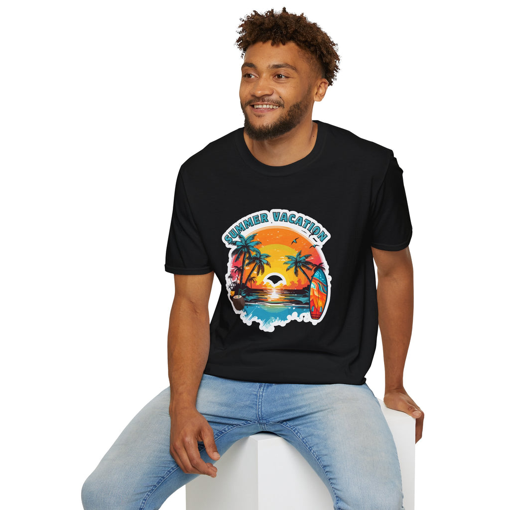 Summer Vacation T-Shirt – Tropical Sunset Surf Graphic