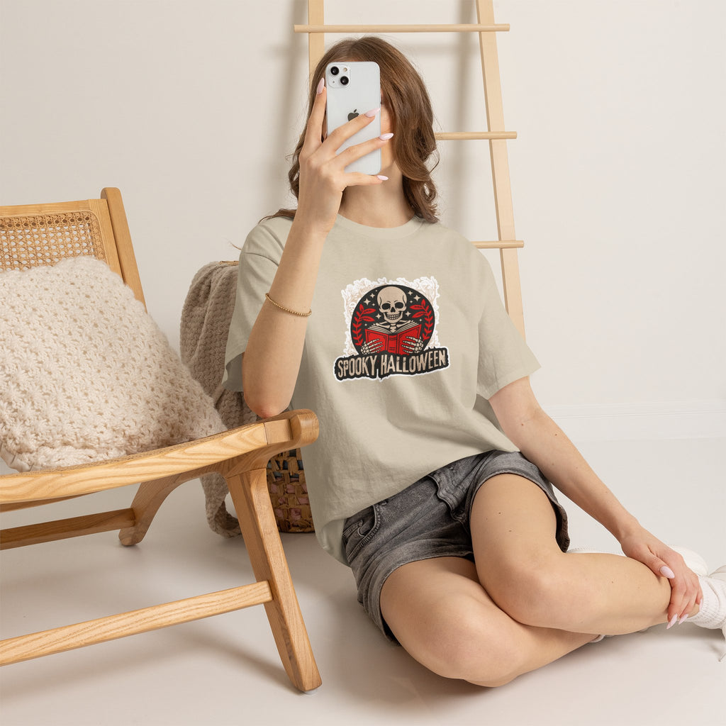 Spooky Halloween Skull Tee — Vintage Skeleton Reading Book Halloween T-Shirt