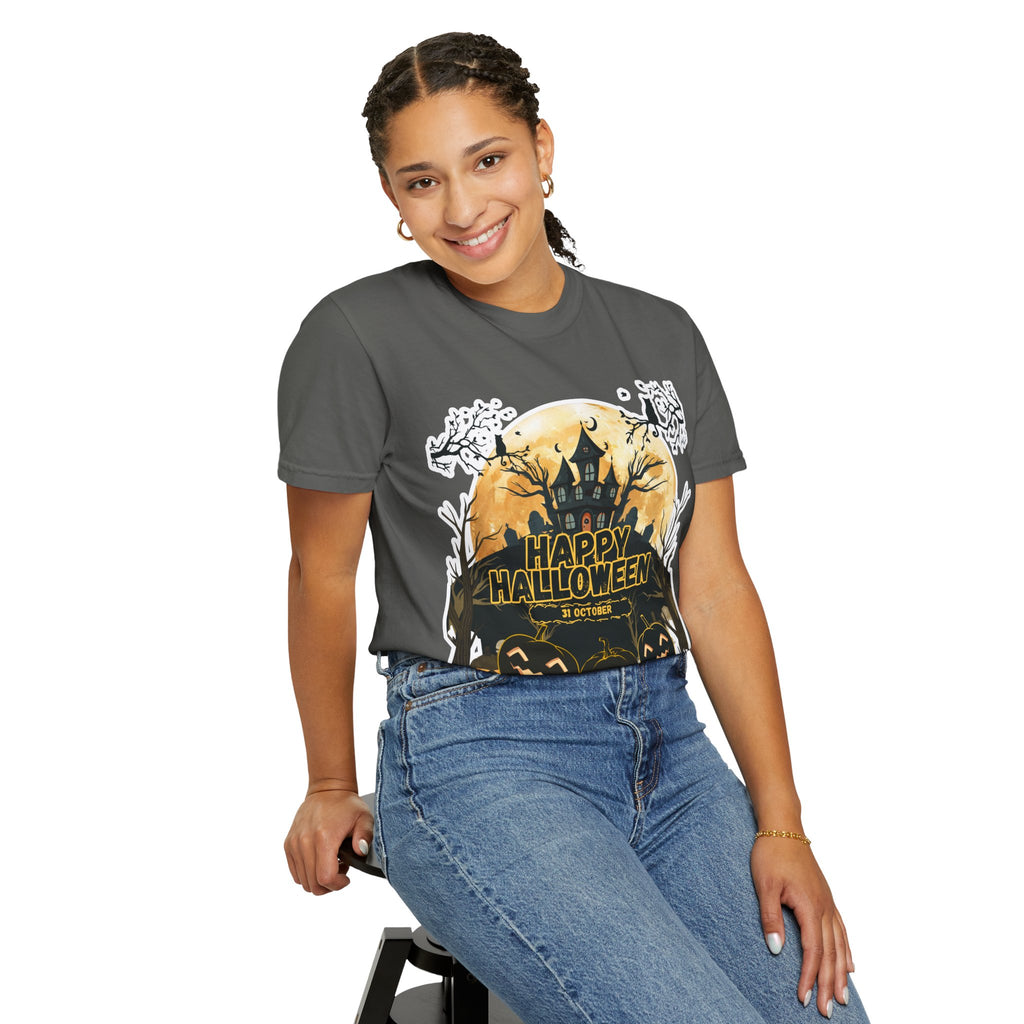Halloween Haunted House T-Shirt — "Happy Halloween" Pumpkin Graphic Tee