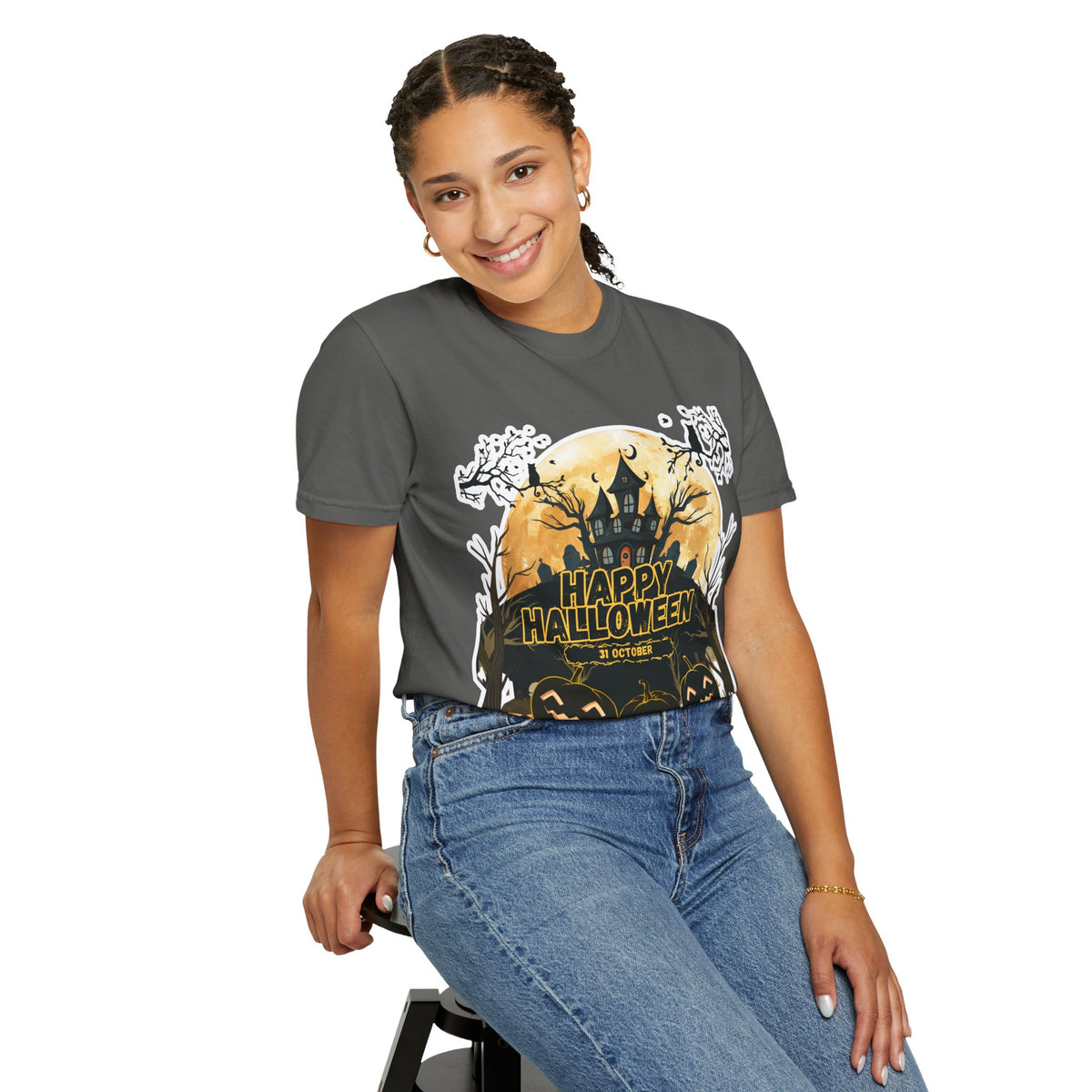 Halloween Haunted House T-Shirt — "Happy Halloween" Pumpkin Graphic Tee